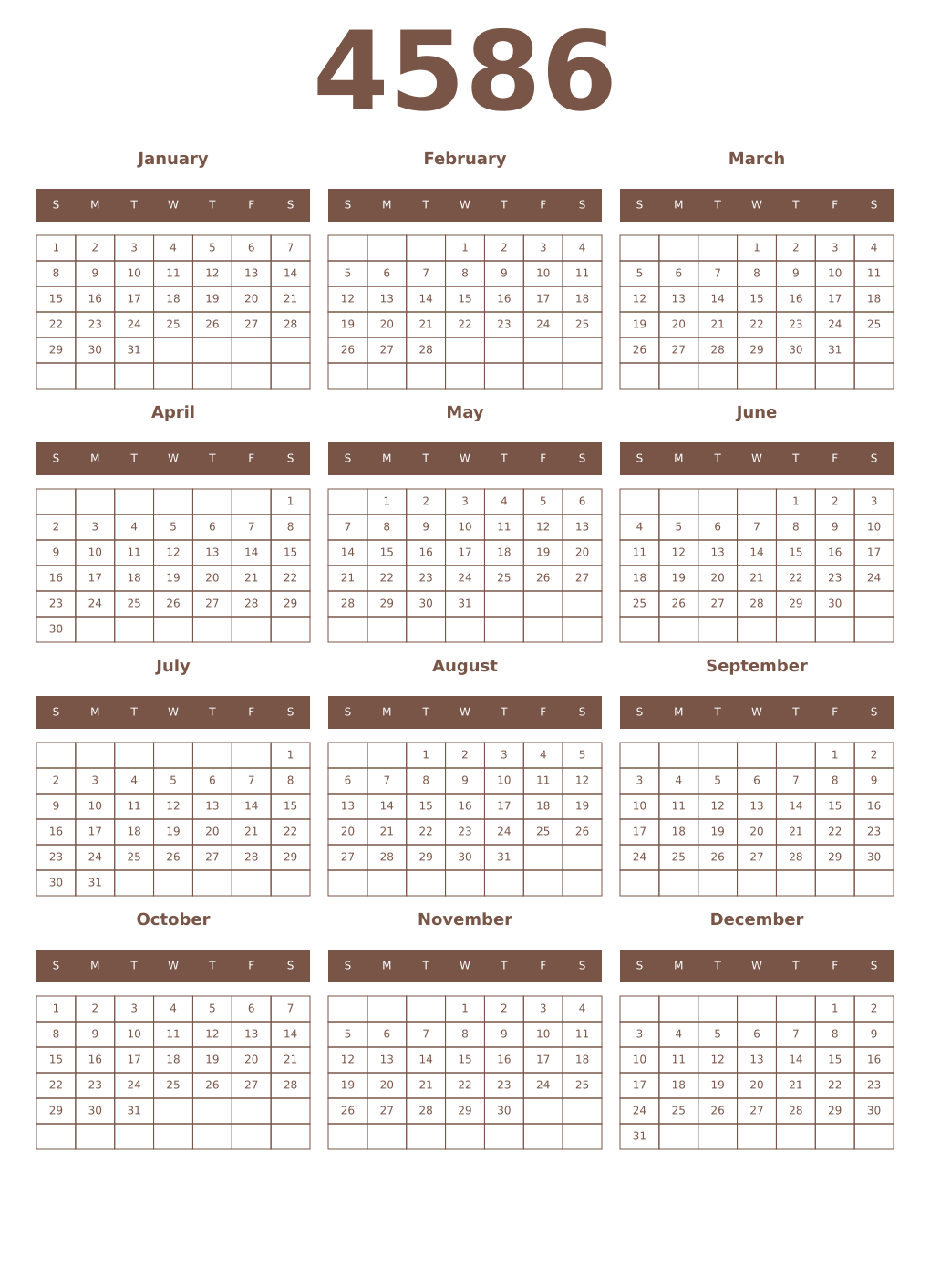Printable 4586 Year Calendars coffe