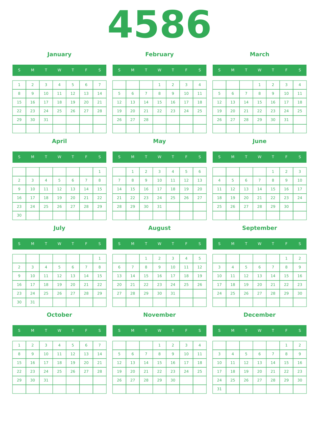 Printable 4586 Year Calendars green