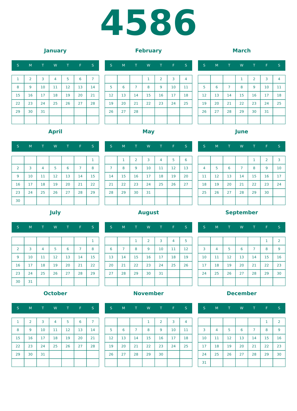 Printable 4586 Year Calendars pastel