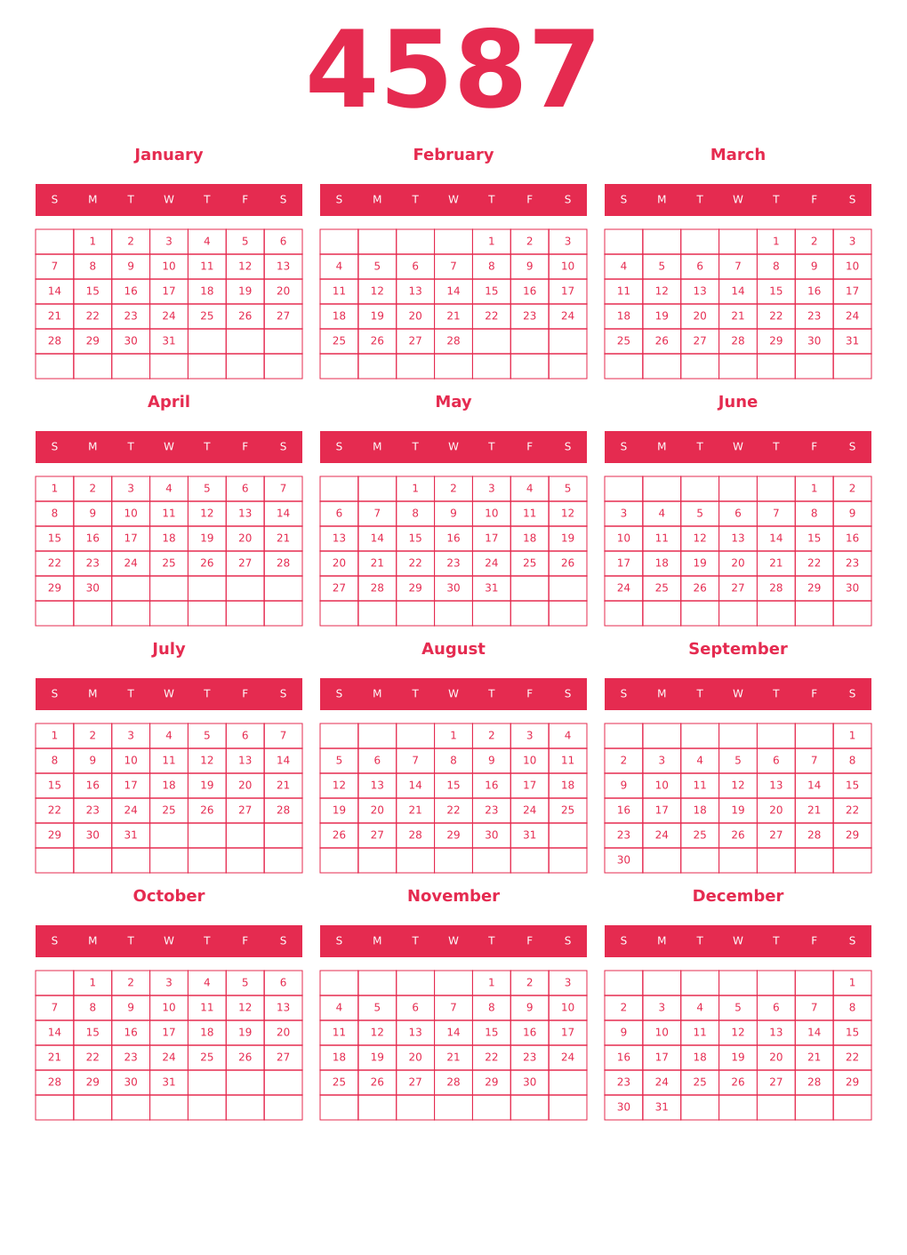 Printable 4587 Year Calendars amaranth