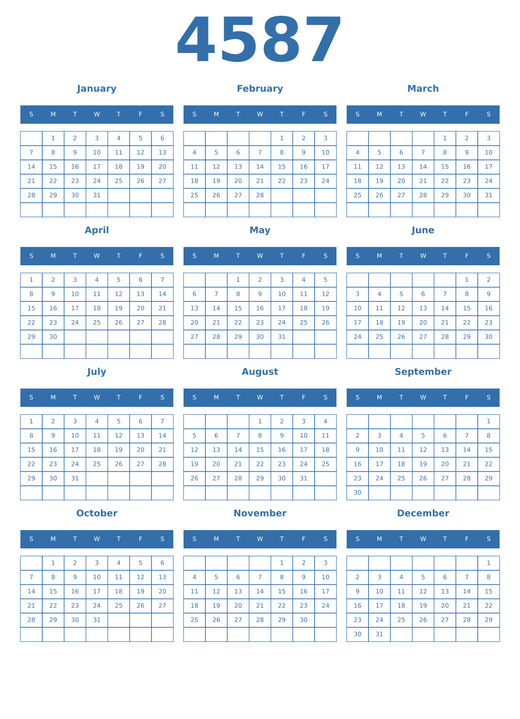 Printable 4587 Year Calendars blue