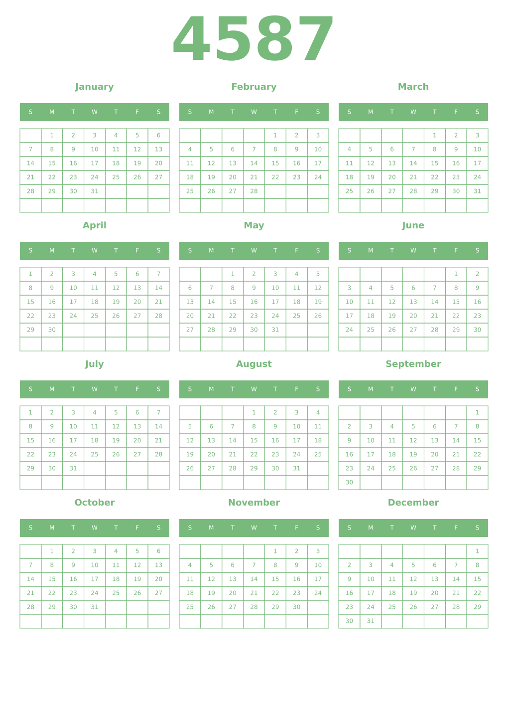 Printable 4587 Year Calendars celadon