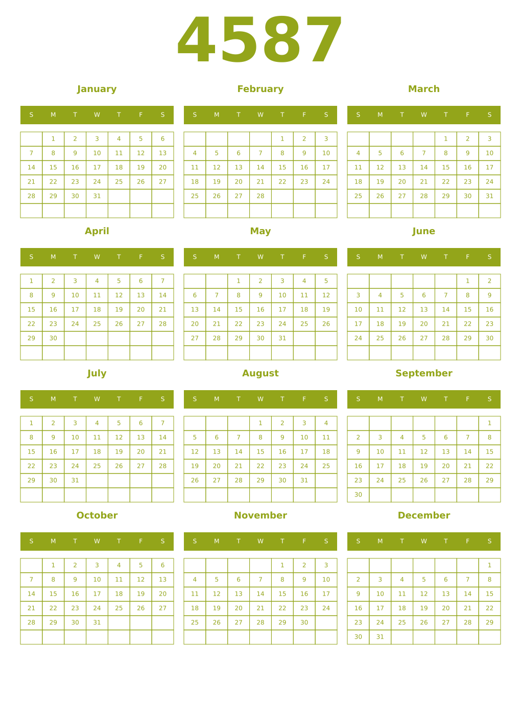 Printable 4587 Year Calendars chartreuse