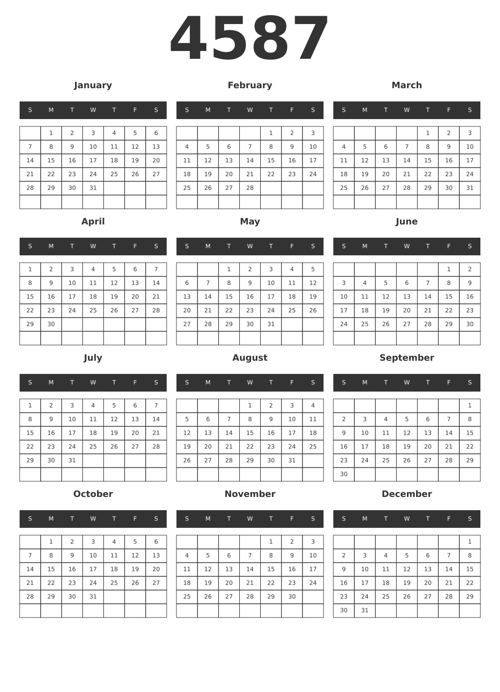 Printable 4587 Year Calendars dark