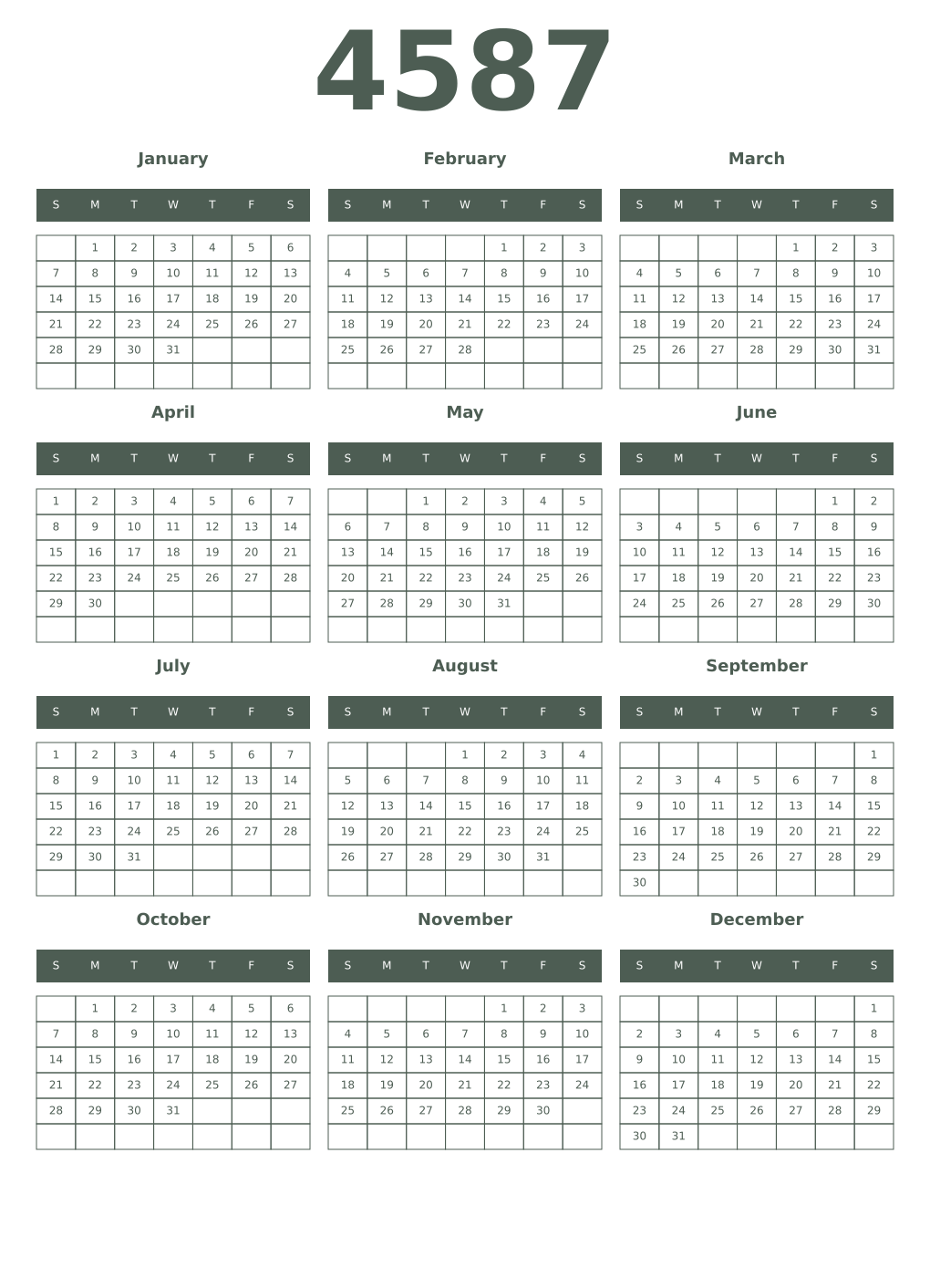 Printable 4587 Year Calendars feldgrau