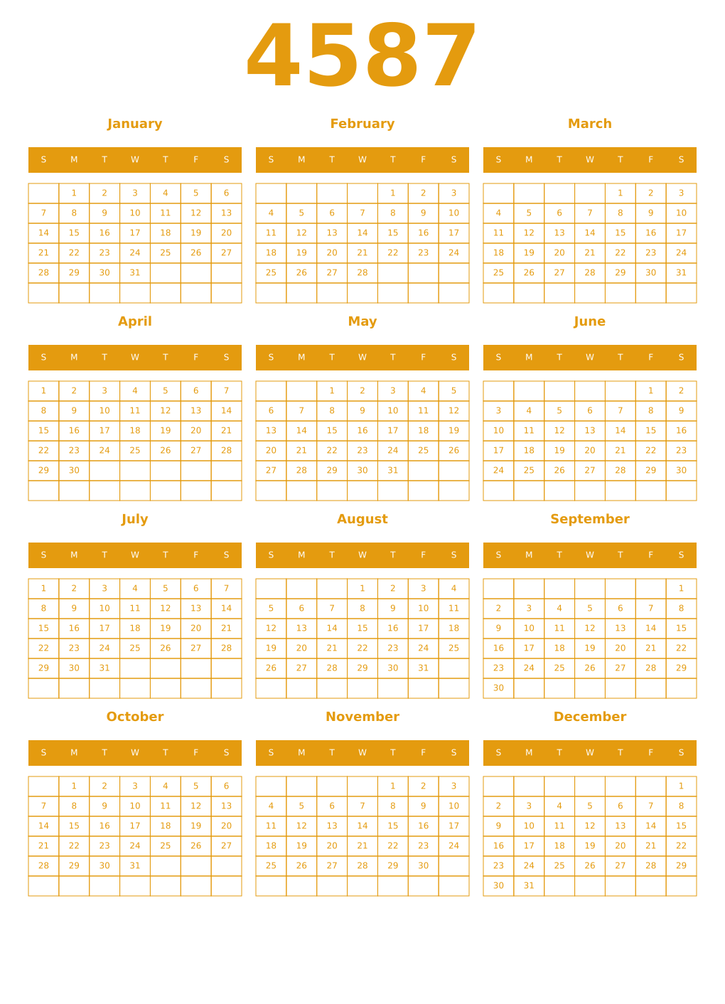 Printable 4587 Year Calendars gamboge