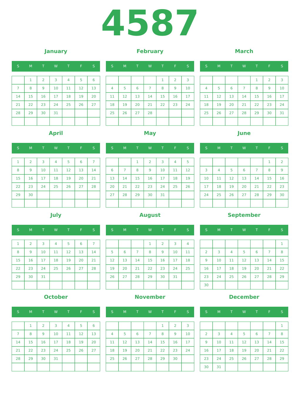 Printable 4587 Year Calendars green