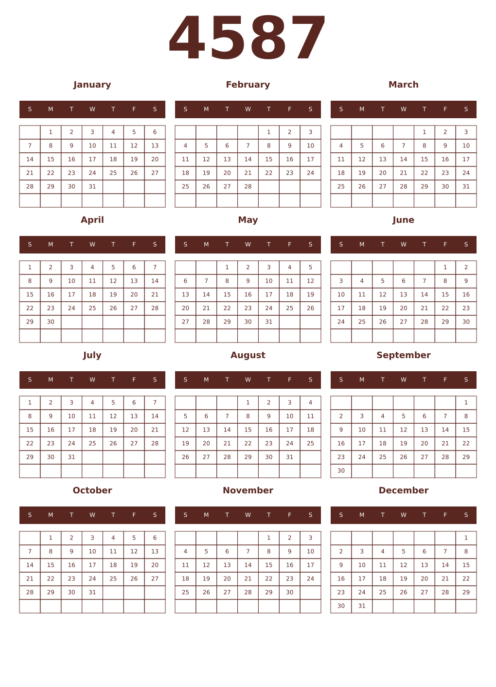 Printable 4587 Year Calendars mortuum