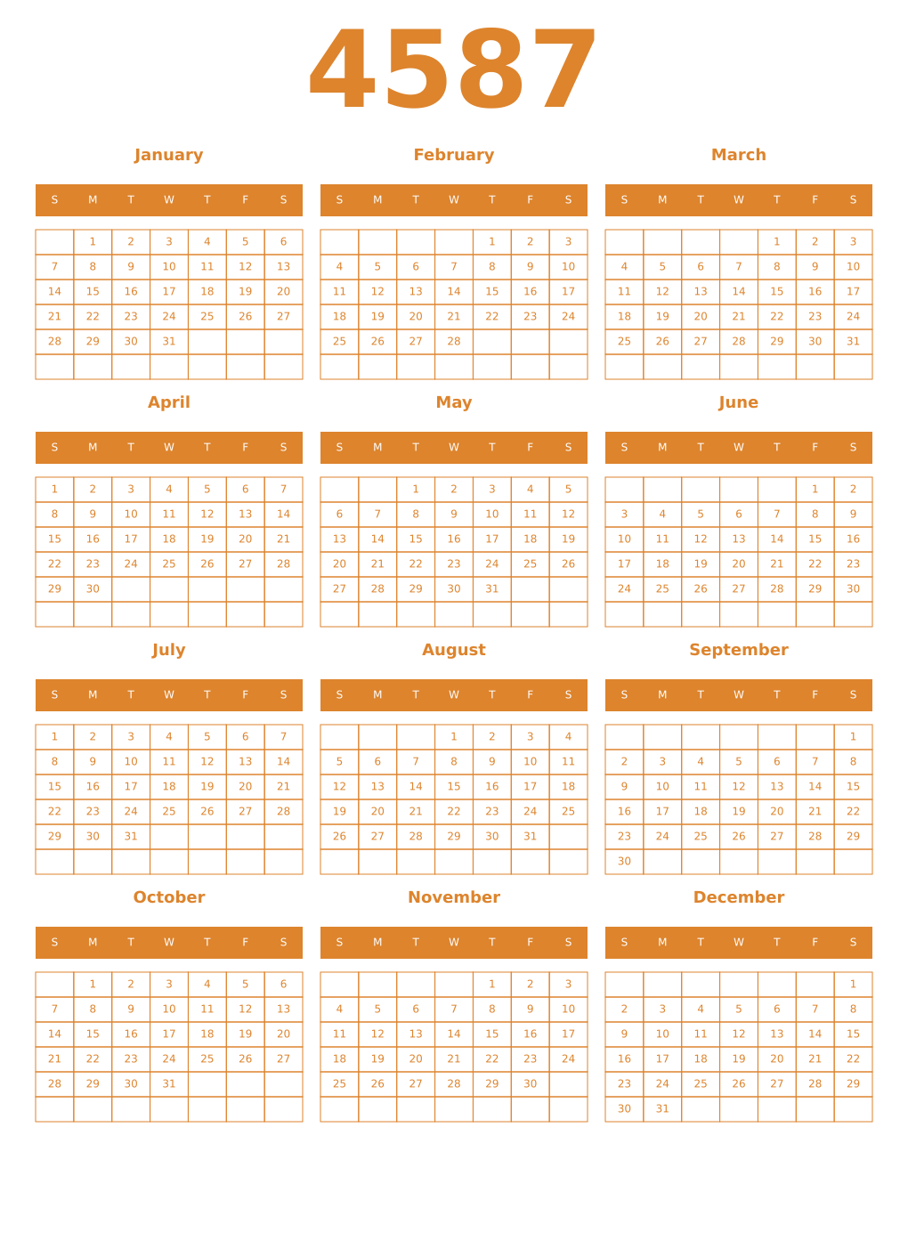 Printable 4587 Year Calendars orange