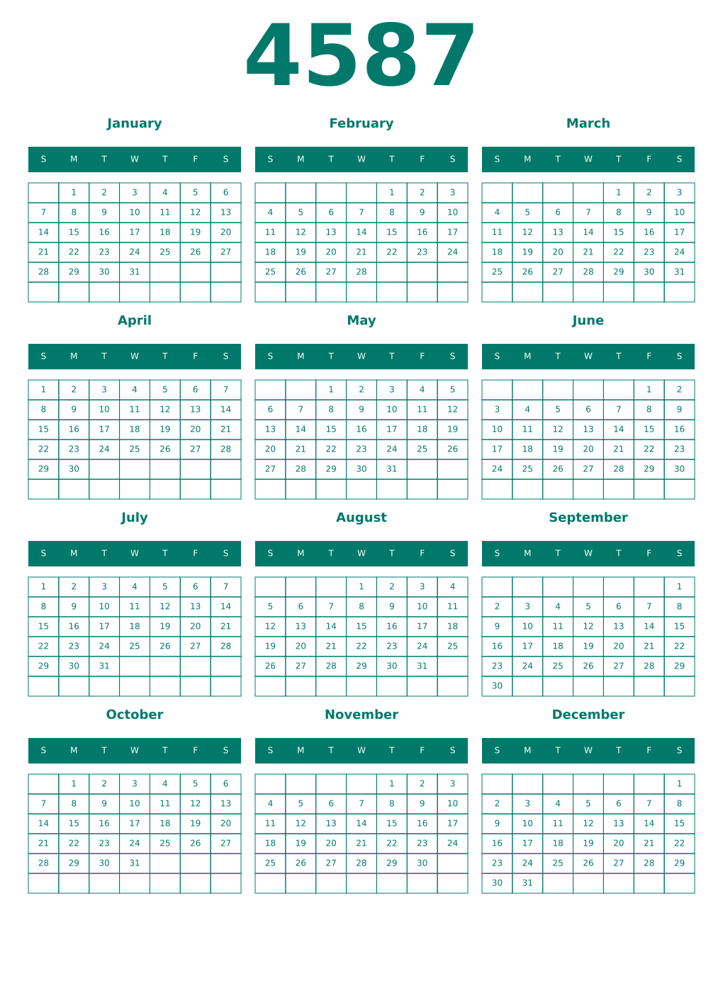 Printable 4587 Year Calendars pastel