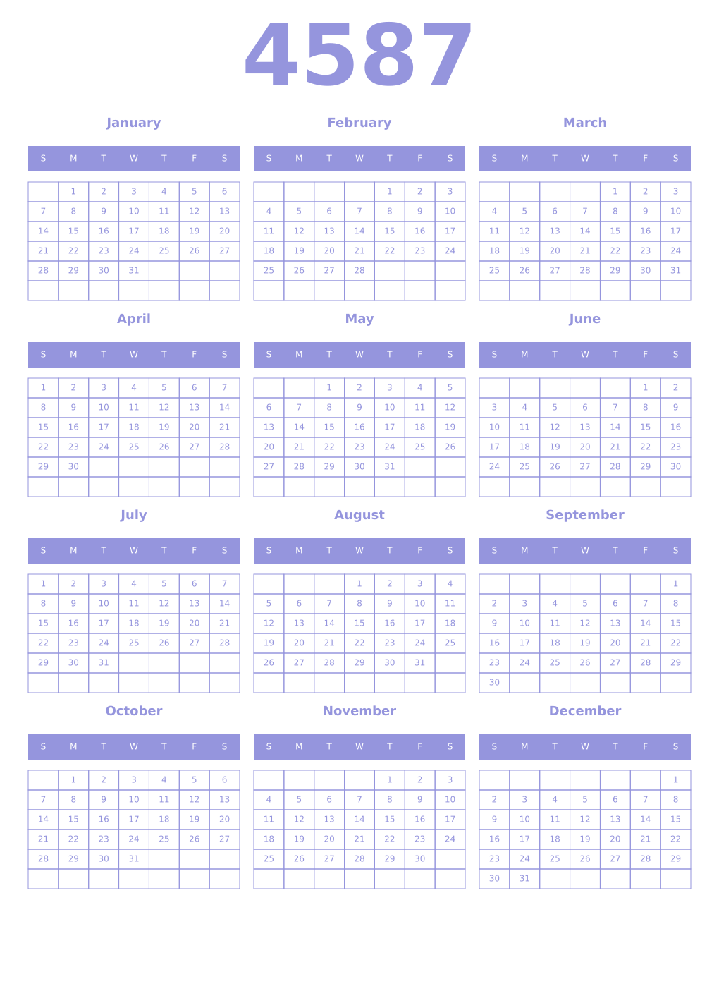 Printable 4587 Year Calendars periwinkle
