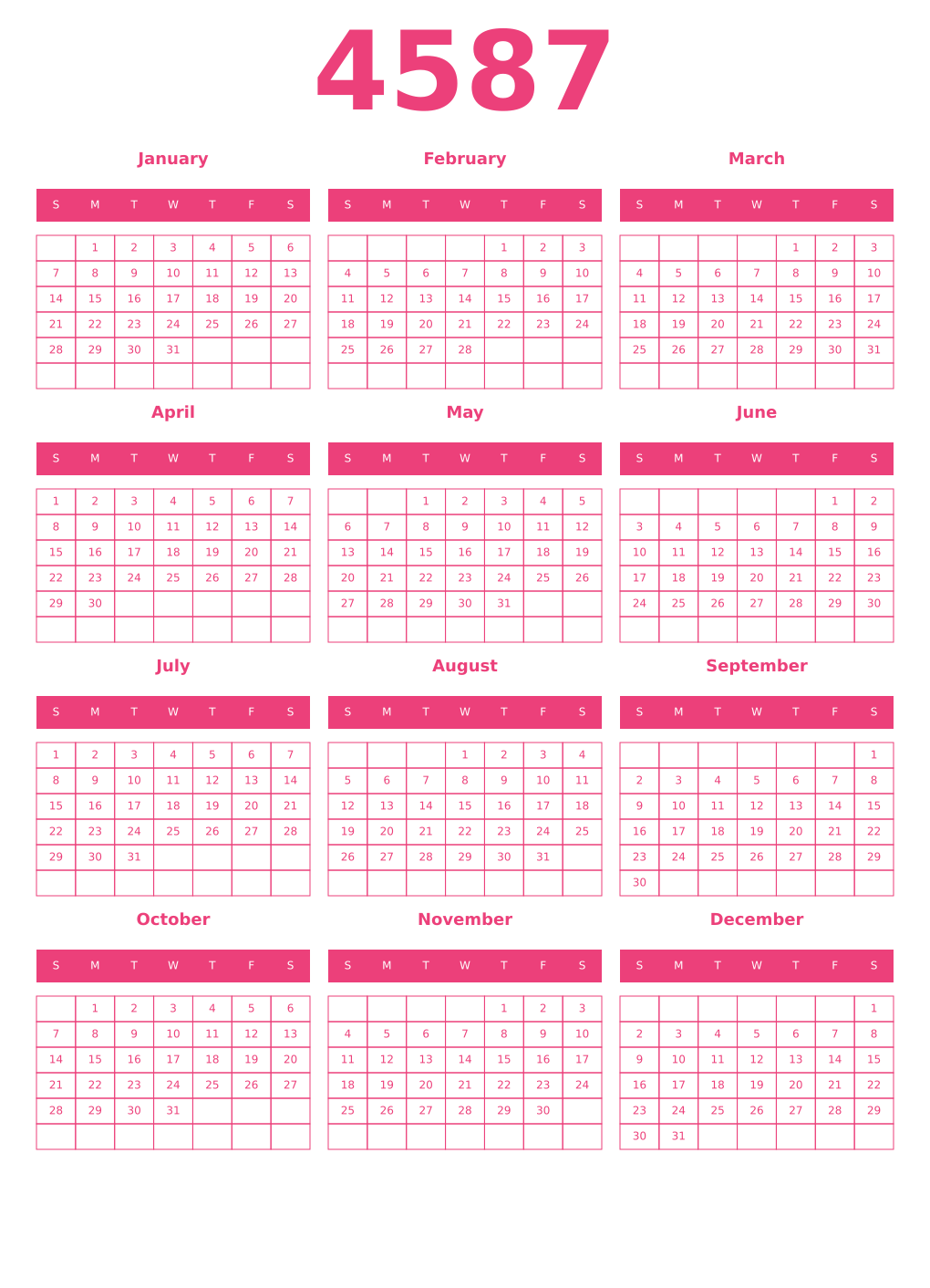 Printable 4587 Year Calendars pink