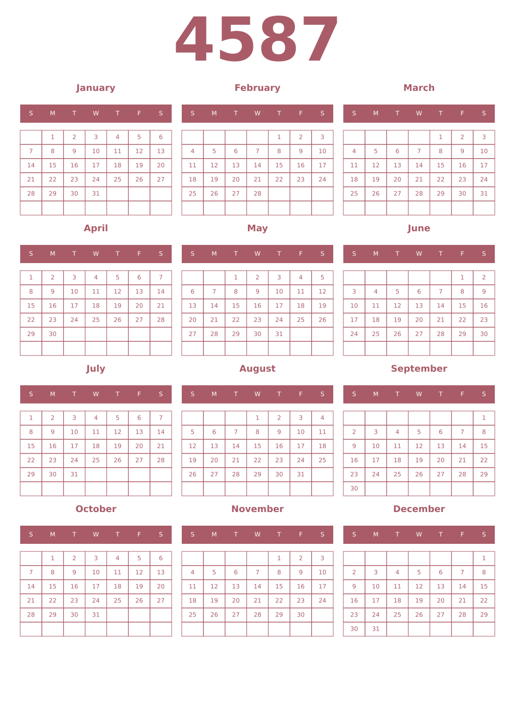 Printable 4587 Year Calendars puce