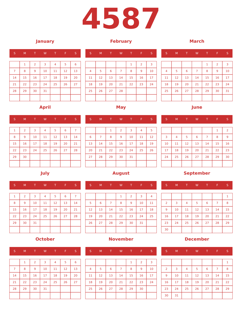 Printable 4587 Year Calendars red
