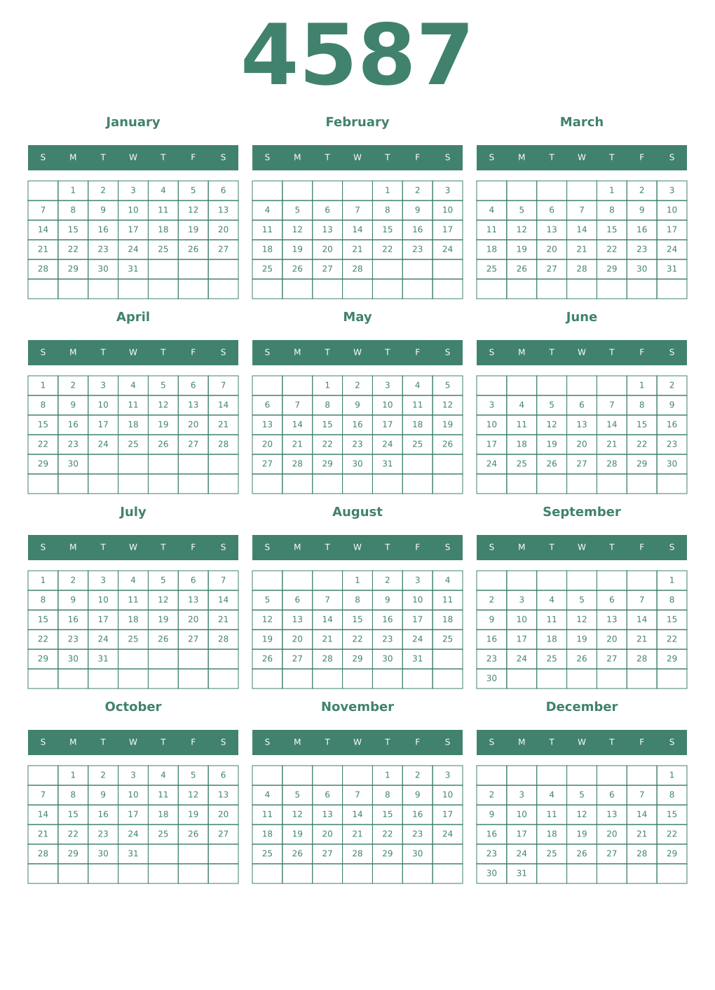Printable 4587 Year Calendars viridian