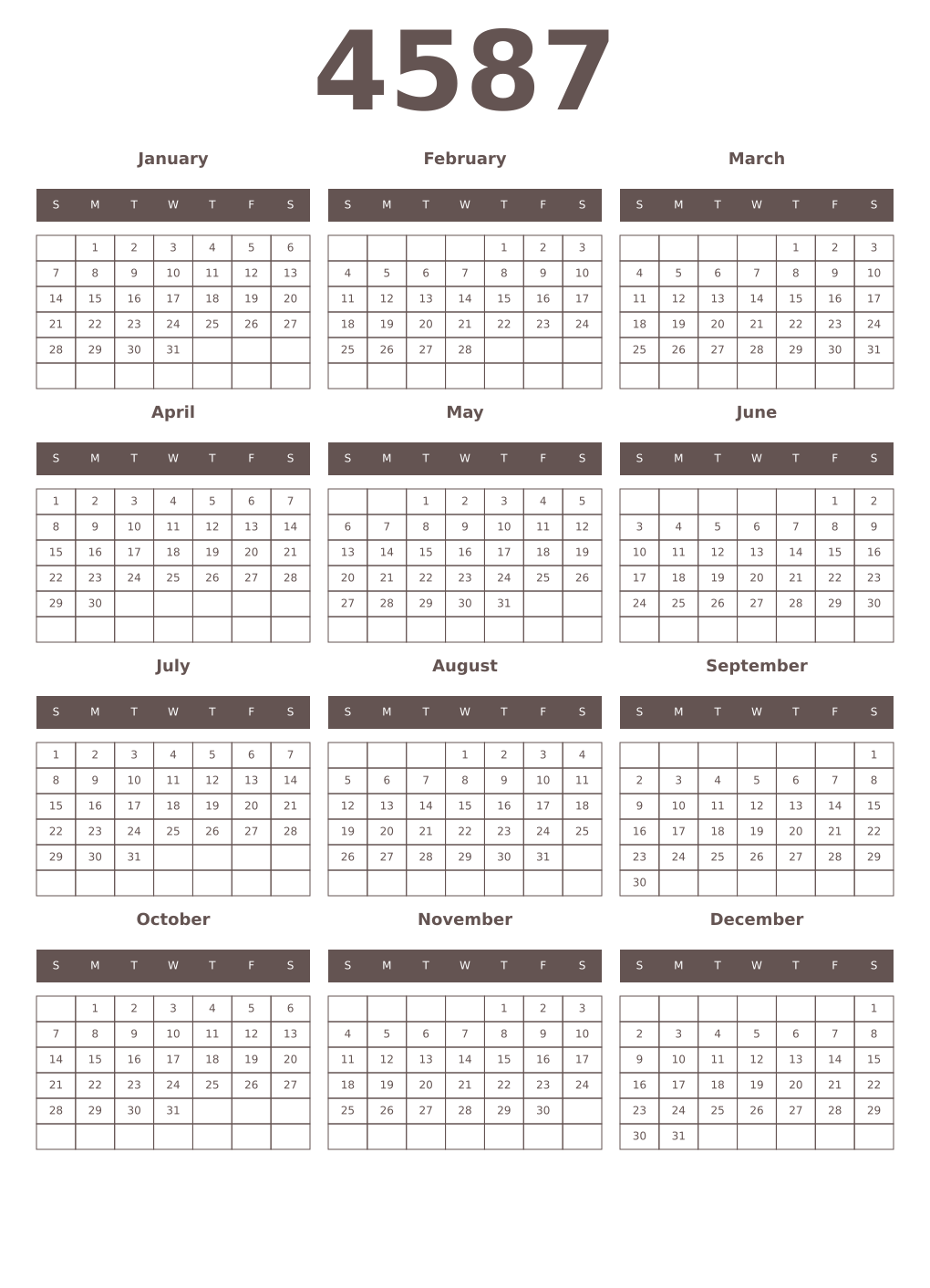 Printable 4587 Year Calendars wenge