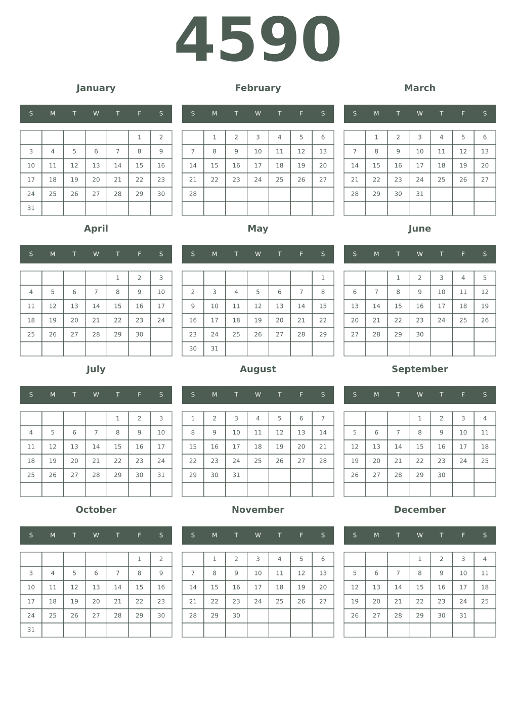 Printable 4590 Year Calendars feldgrau