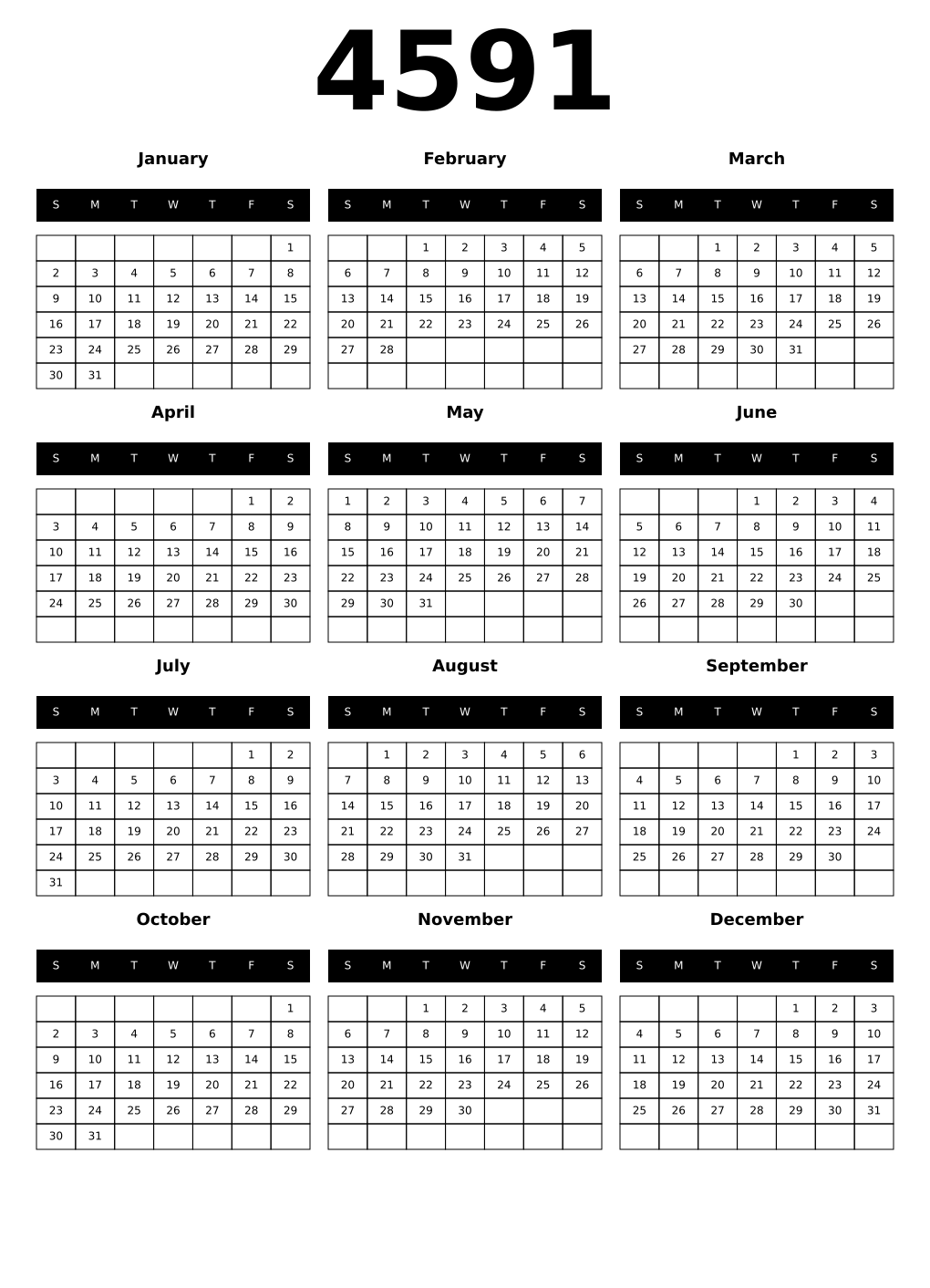 Printable 4591 Year Calendars black