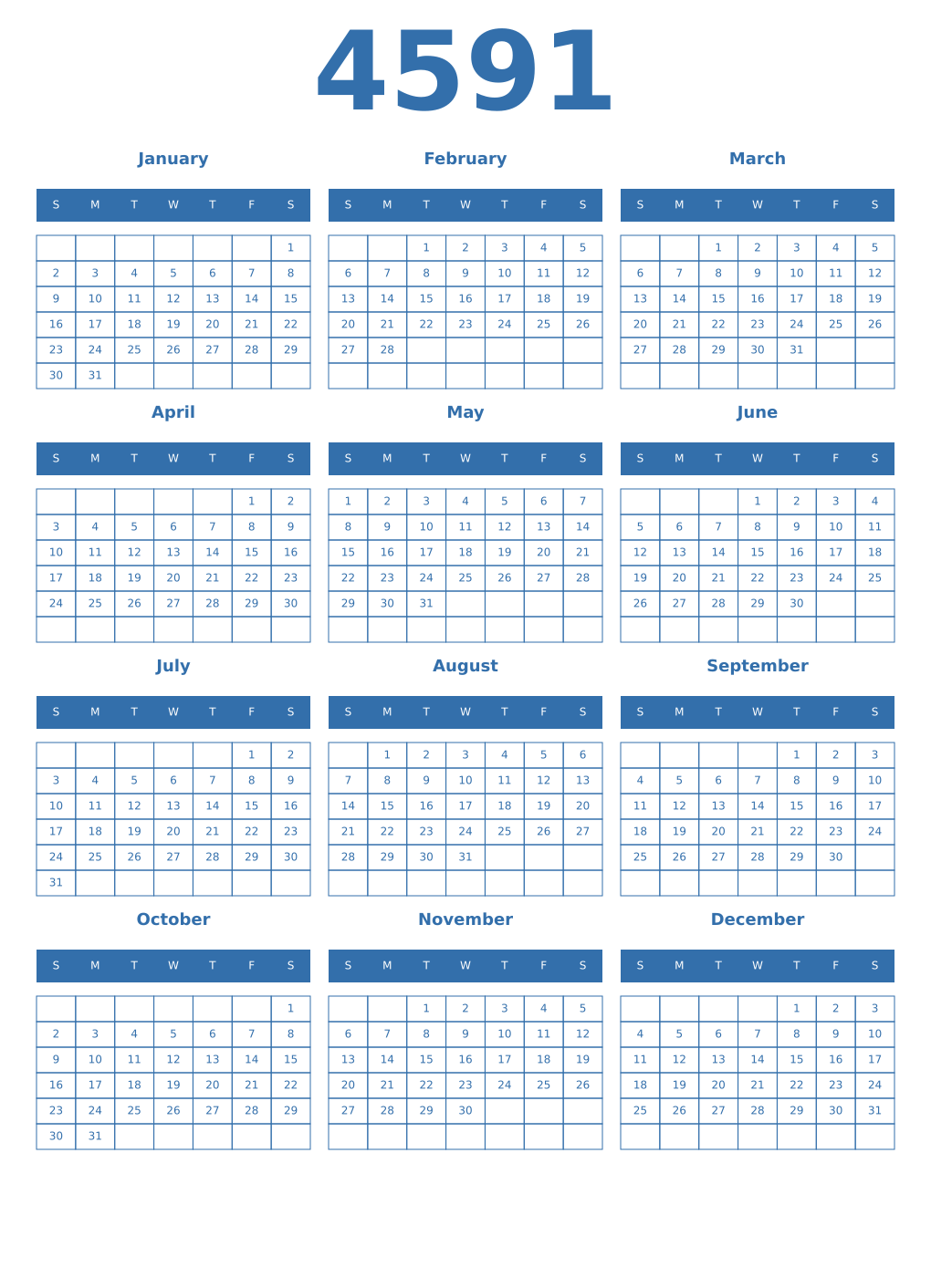Printable 4591 Year Calendars blue
