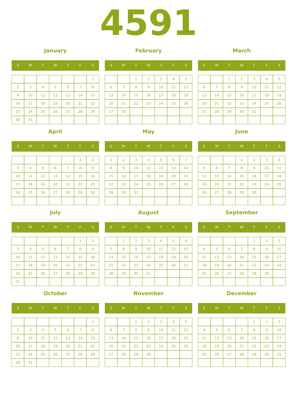 Printable 4591 Year Calendars chartreuse