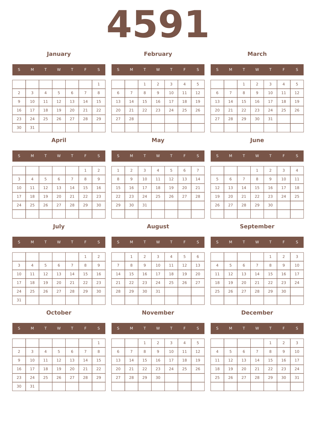 Printable 4591 Year Calendars coffe