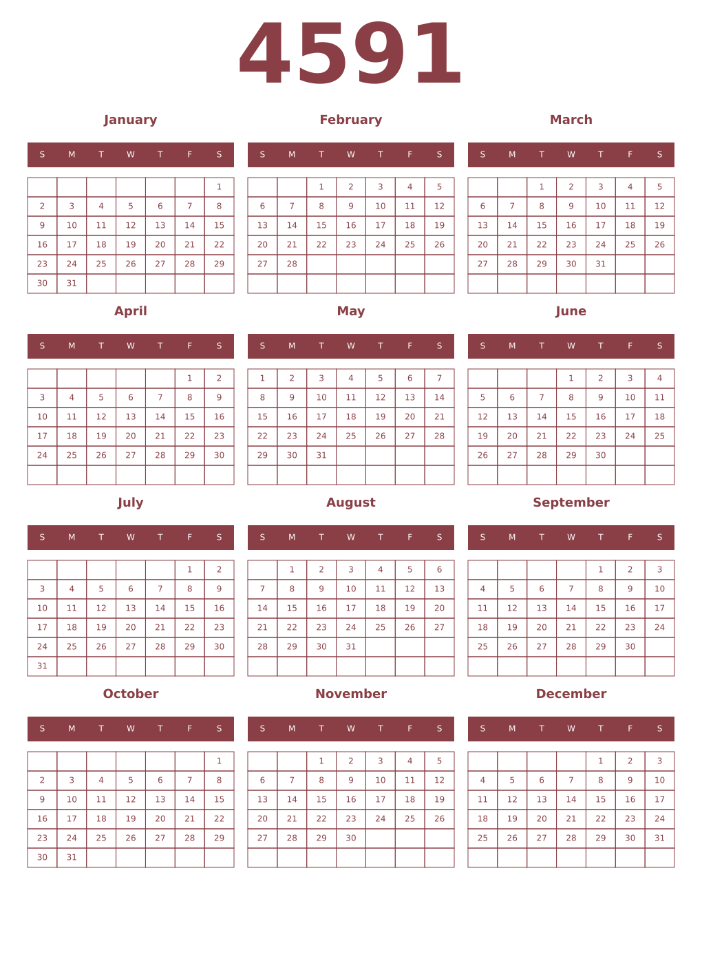 Printable 4591 Year Calendars cordovan