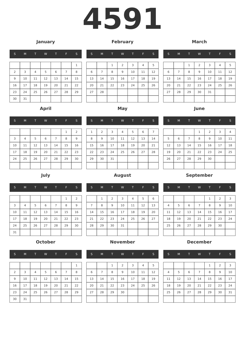 Printable 4591 Year Calendars dark