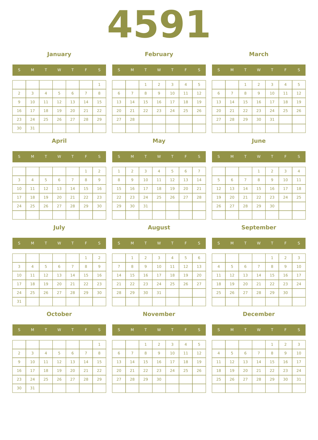 Printable 4591 Year Calendars eburnean