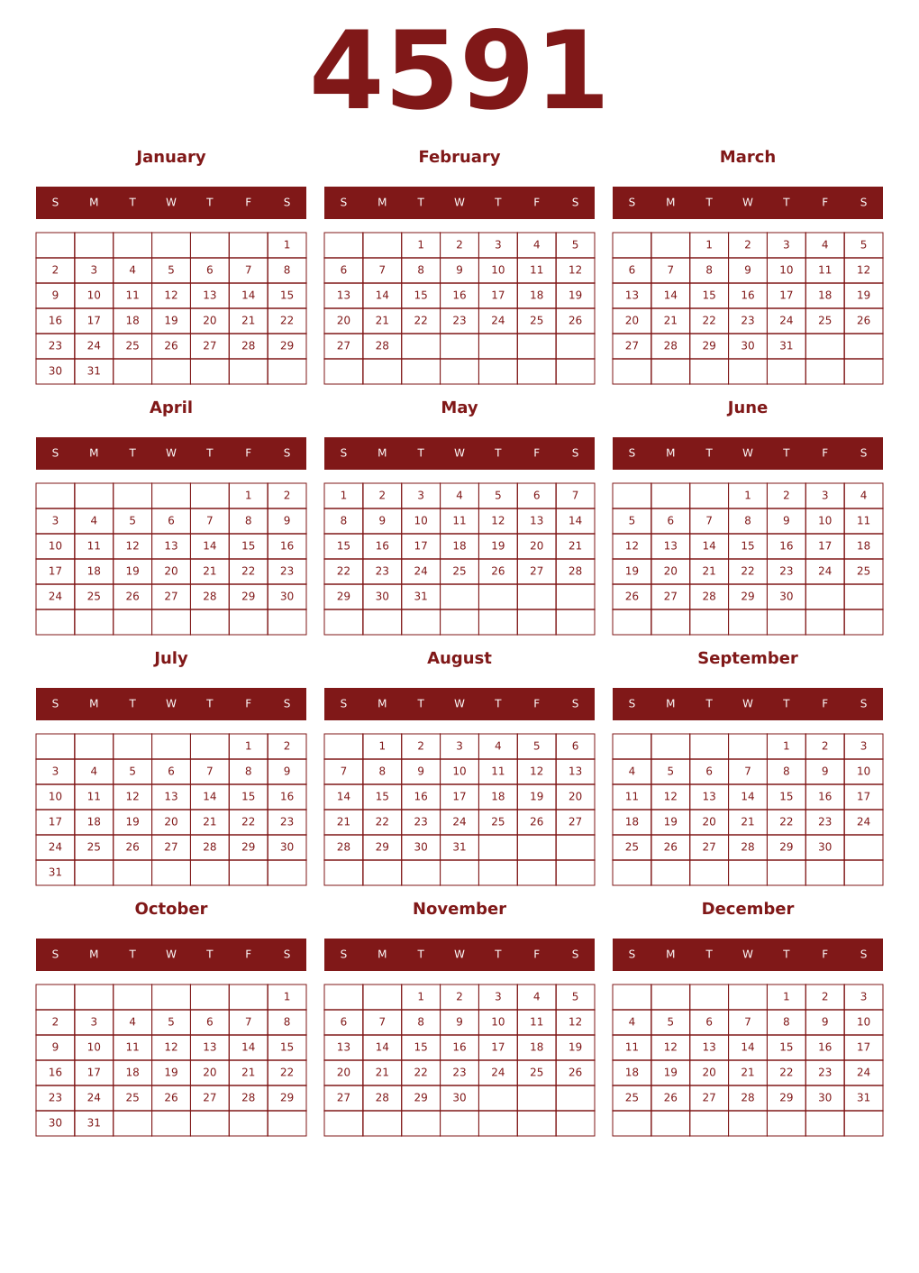 Printable 4591 Year Calendars falu