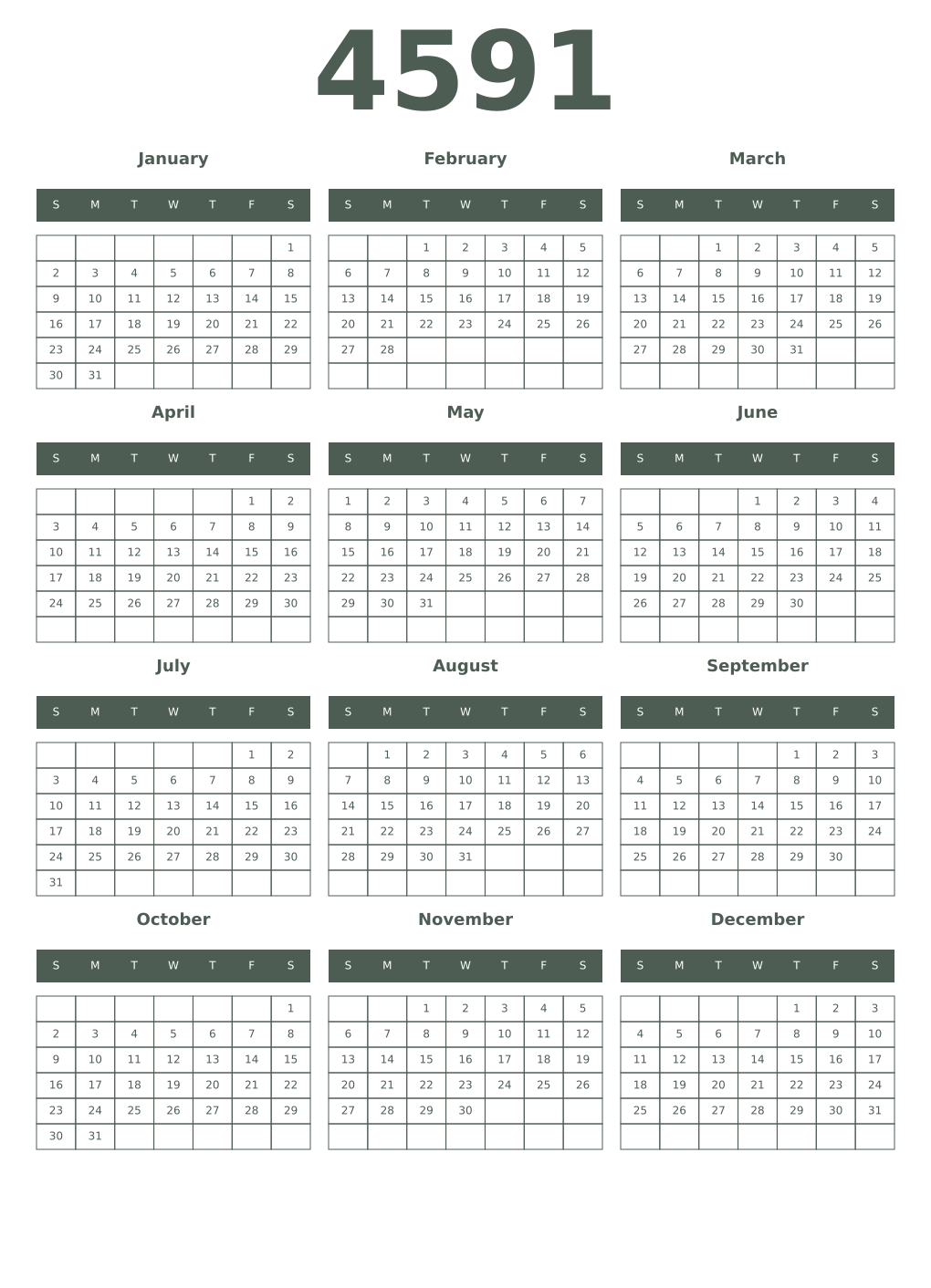 Printable 4591 Year Calendars feldgrau