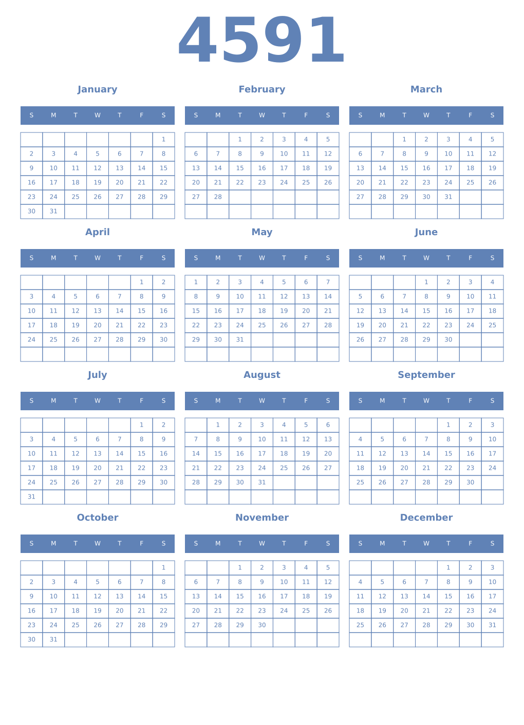 Printable 4591 Year Calendars glaucous