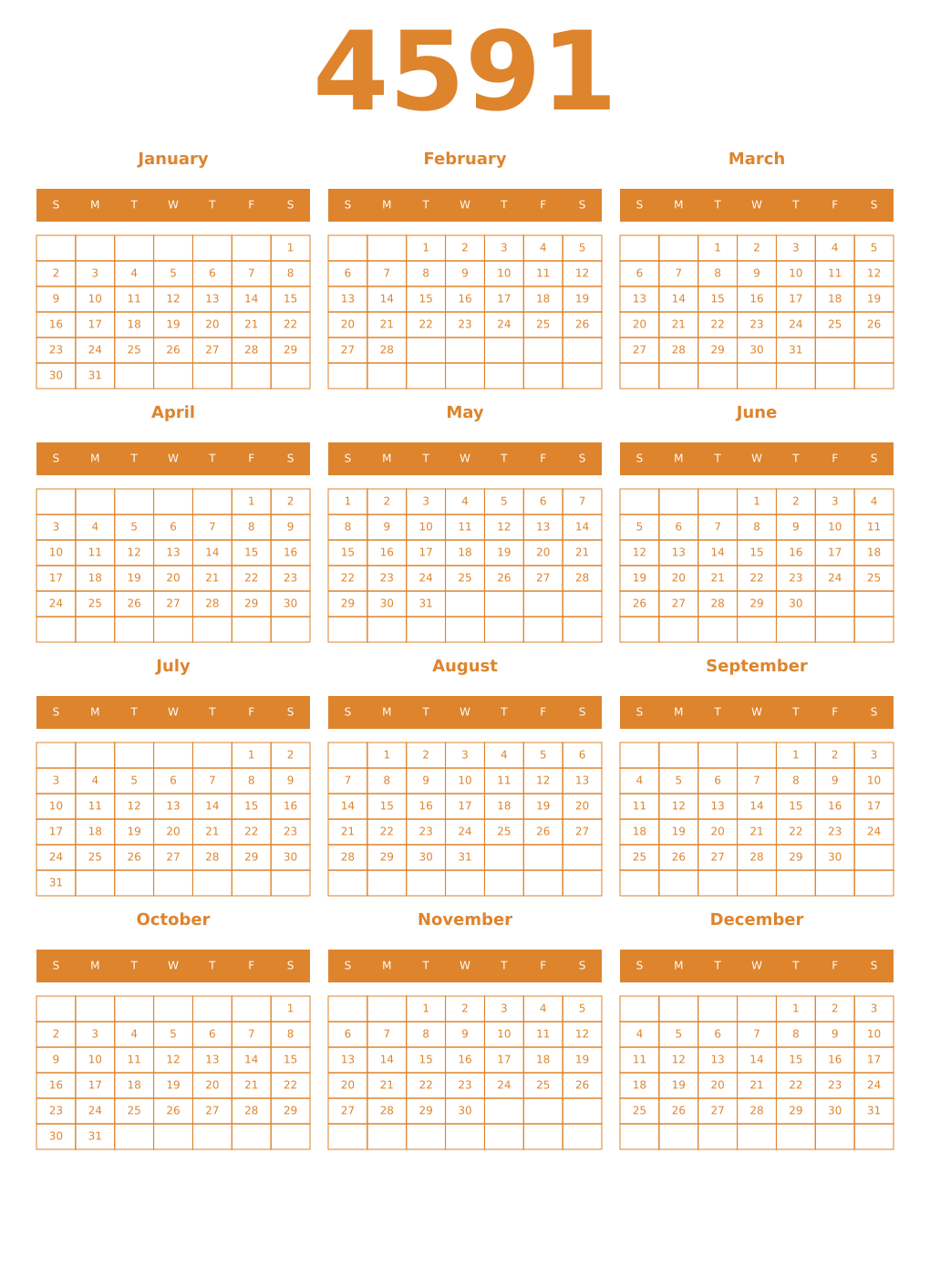 Printable 4591 Year Calendars orange