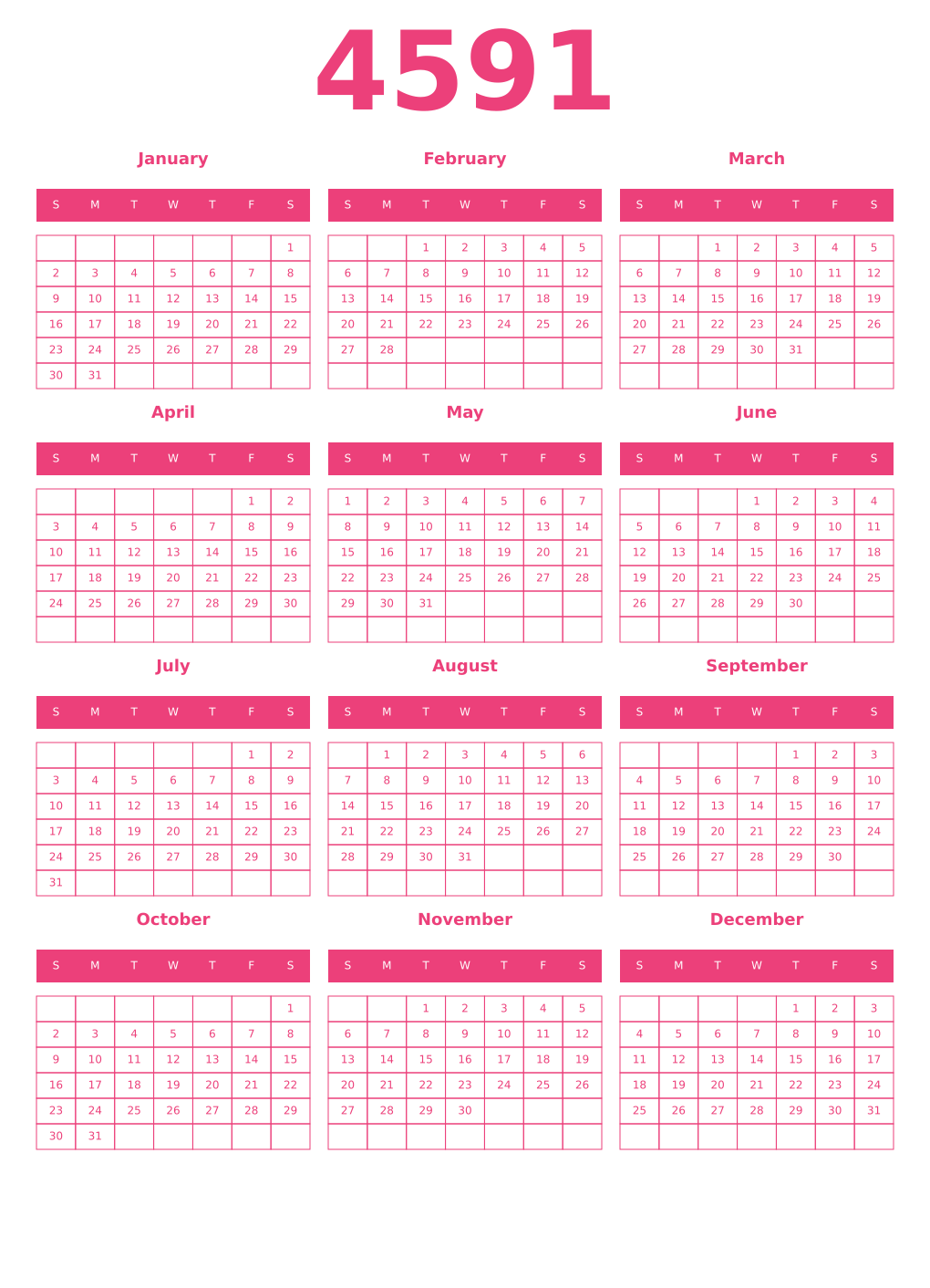Printable 4591 Year Calendars pink