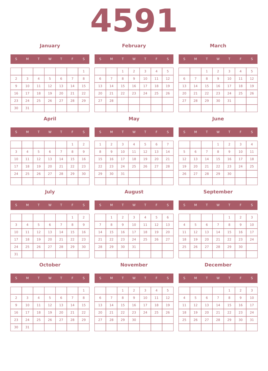 Printable 4591 Year Calendars puce
