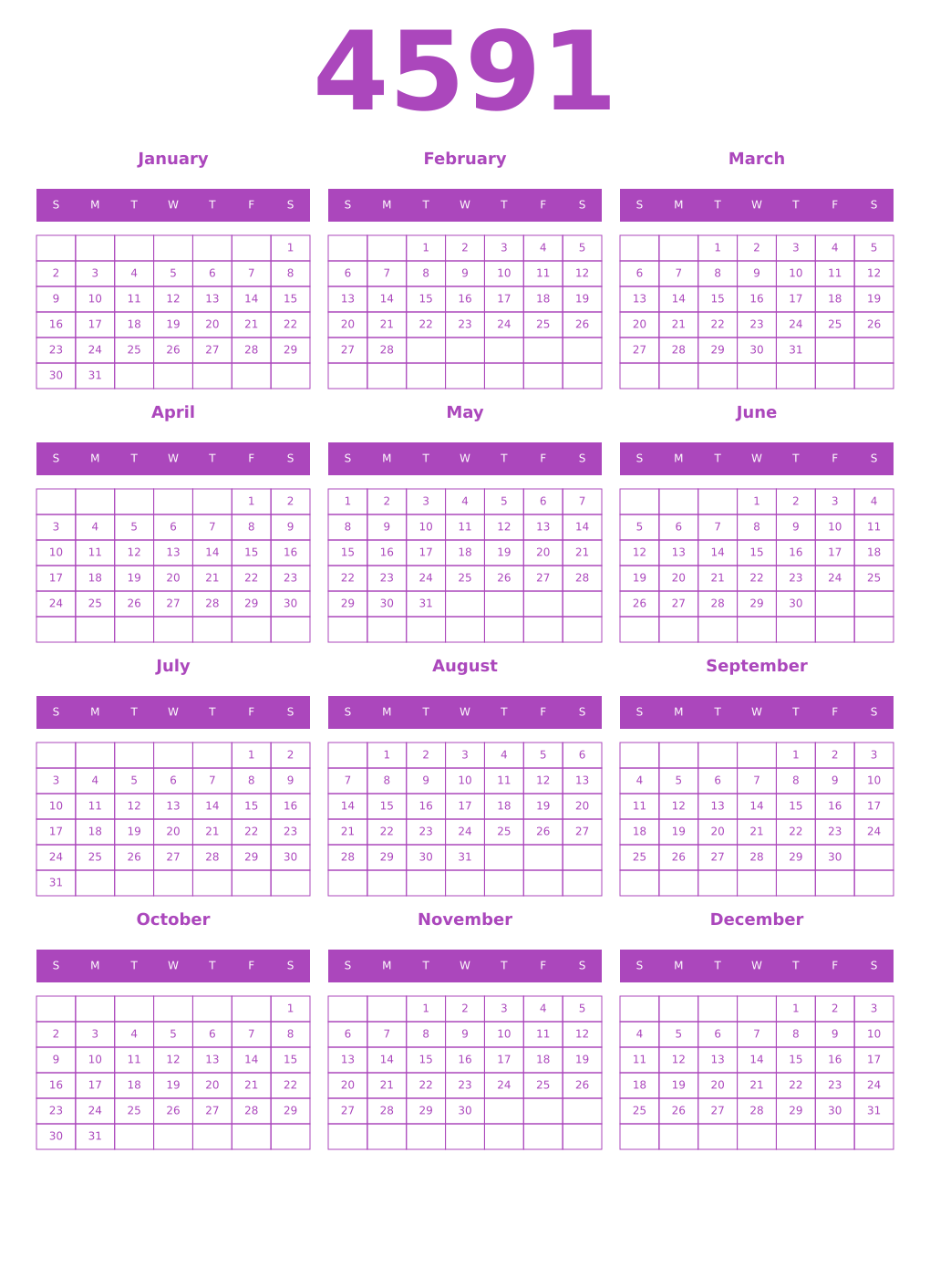 Printable 4591 Year Calendars purple