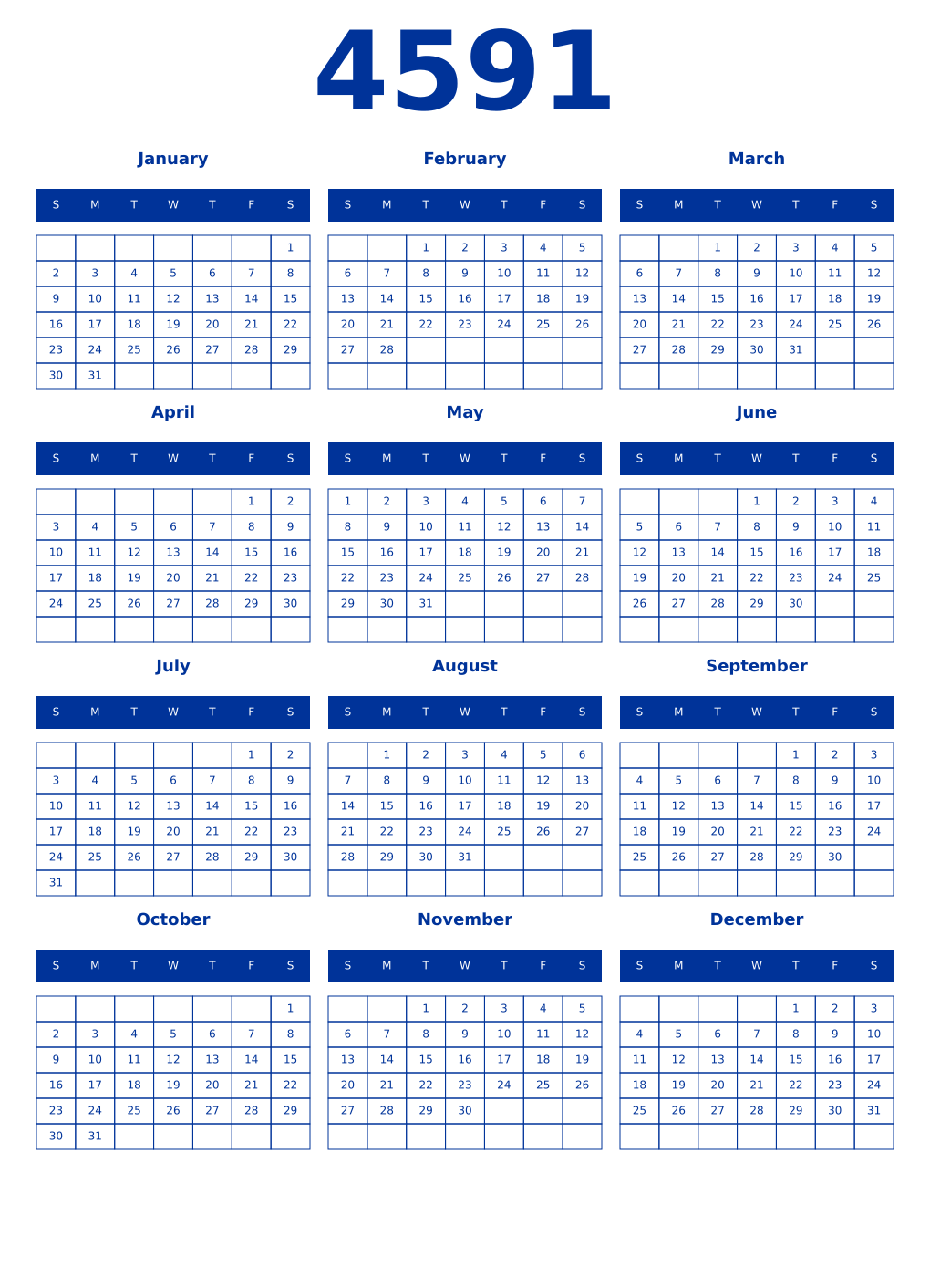 Printable 4591 Year Calendars smalt
