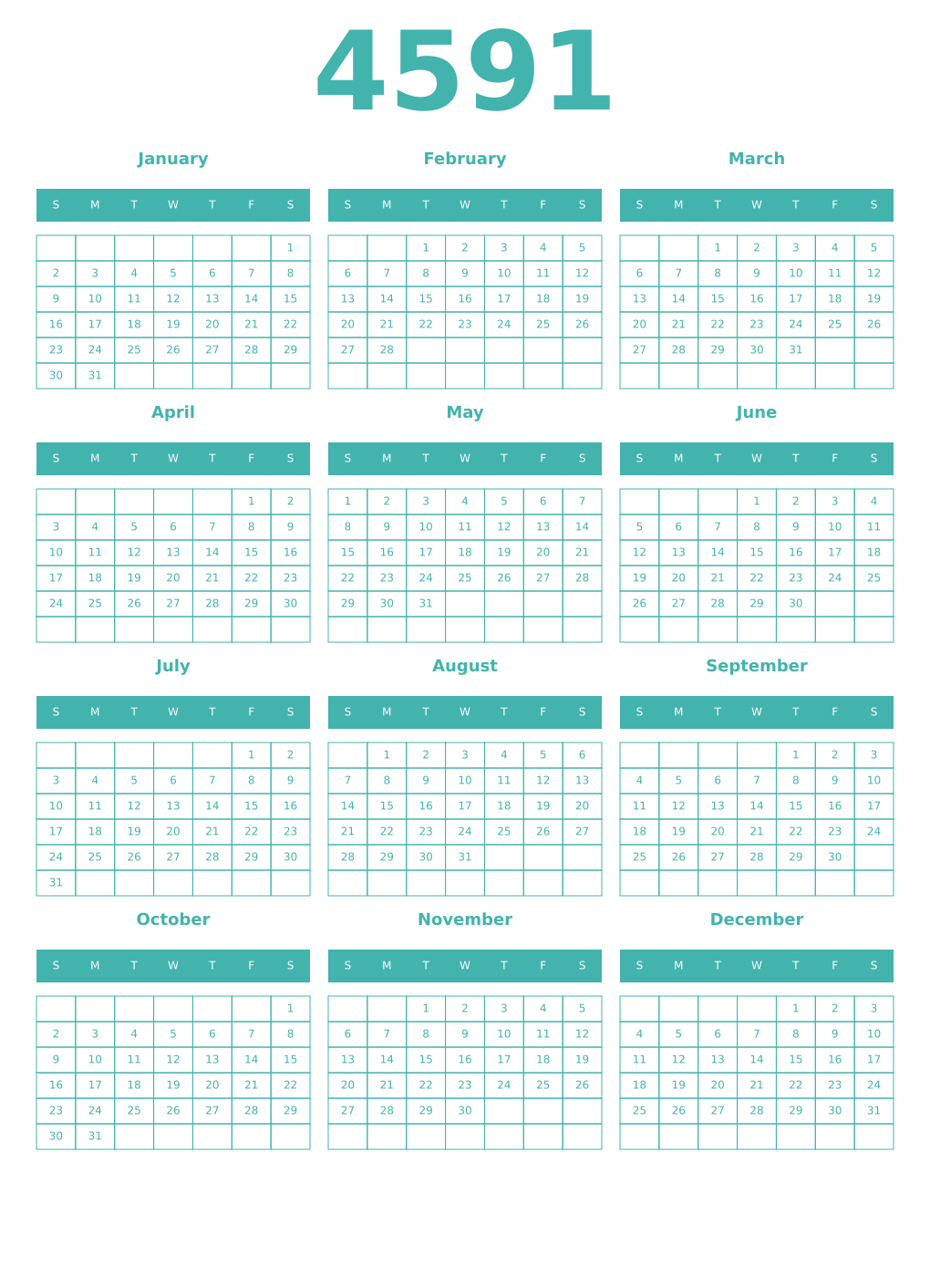 Printable 4591 Year Calendars verdigris