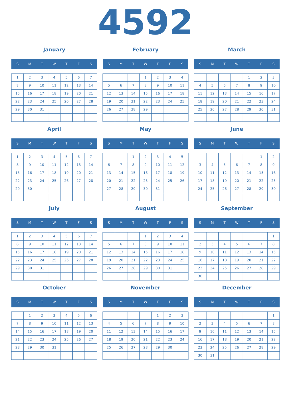 Printable 4592 Year Calendars blue