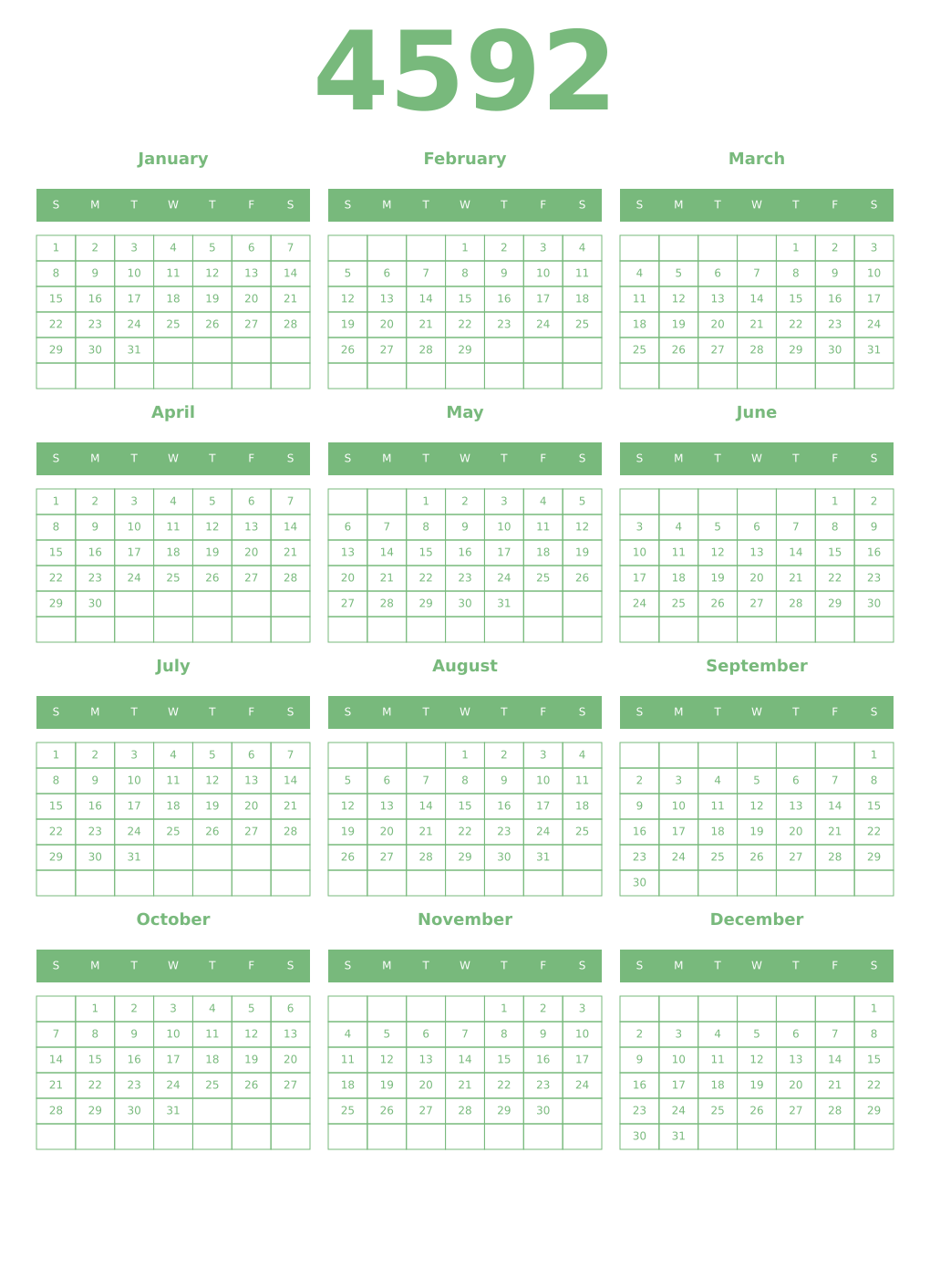 Printable 4592 Year Calendars celadon