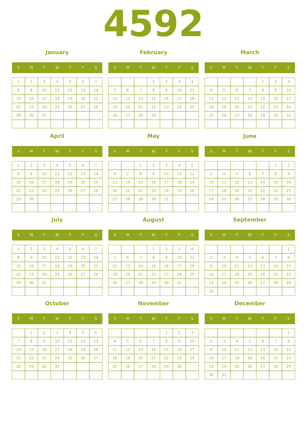 Printable 4592 Year Calendars chartreuse