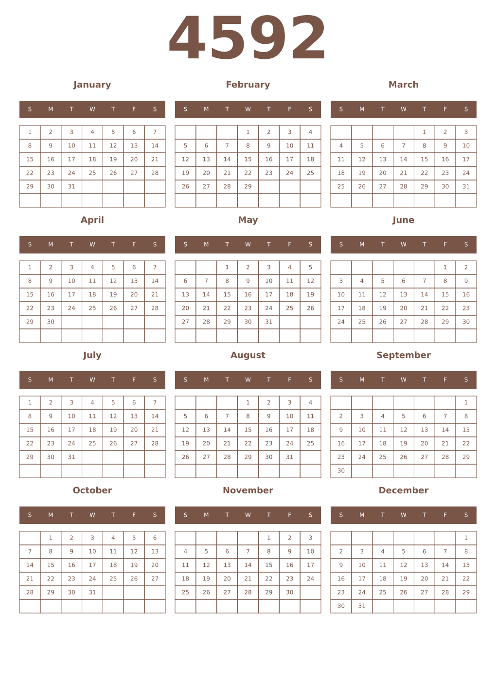 Printable 4592 Year Calendars coffe