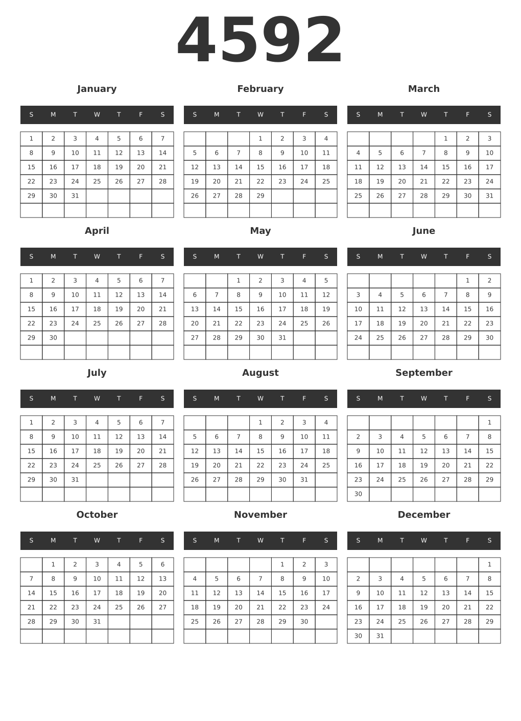 Printable 4592 Year Calendars dark