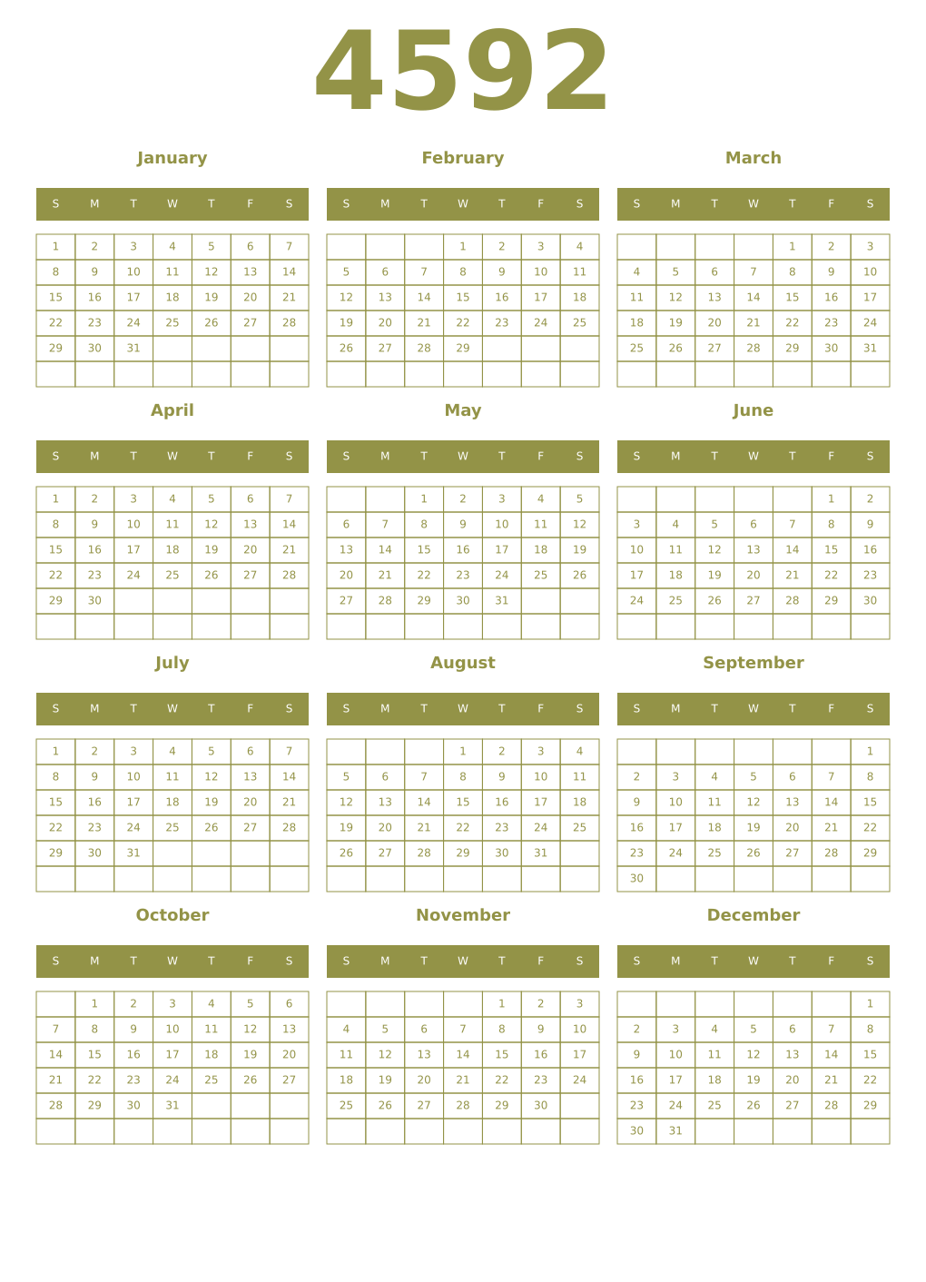 Printable 4592 Year Calendars eburnean