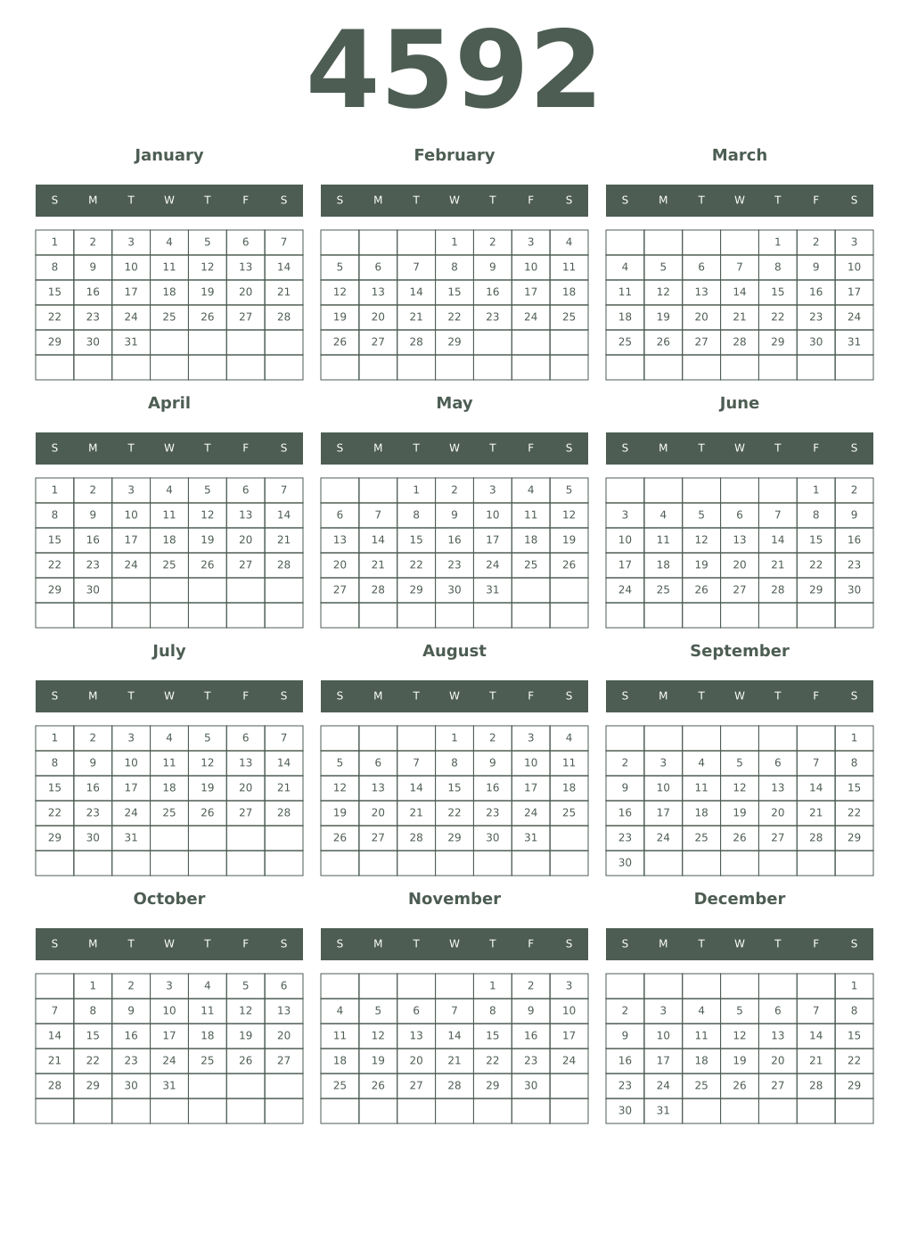 Printable 4592 Year Calendars feldgrau