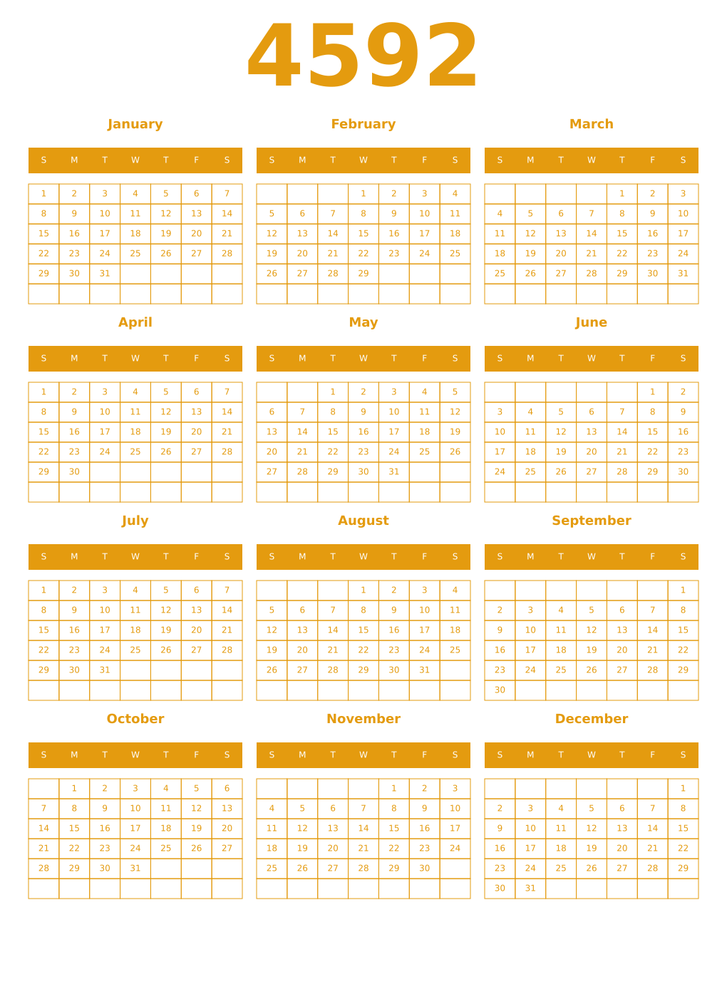 Printable 4592 Year Calendars gamboge