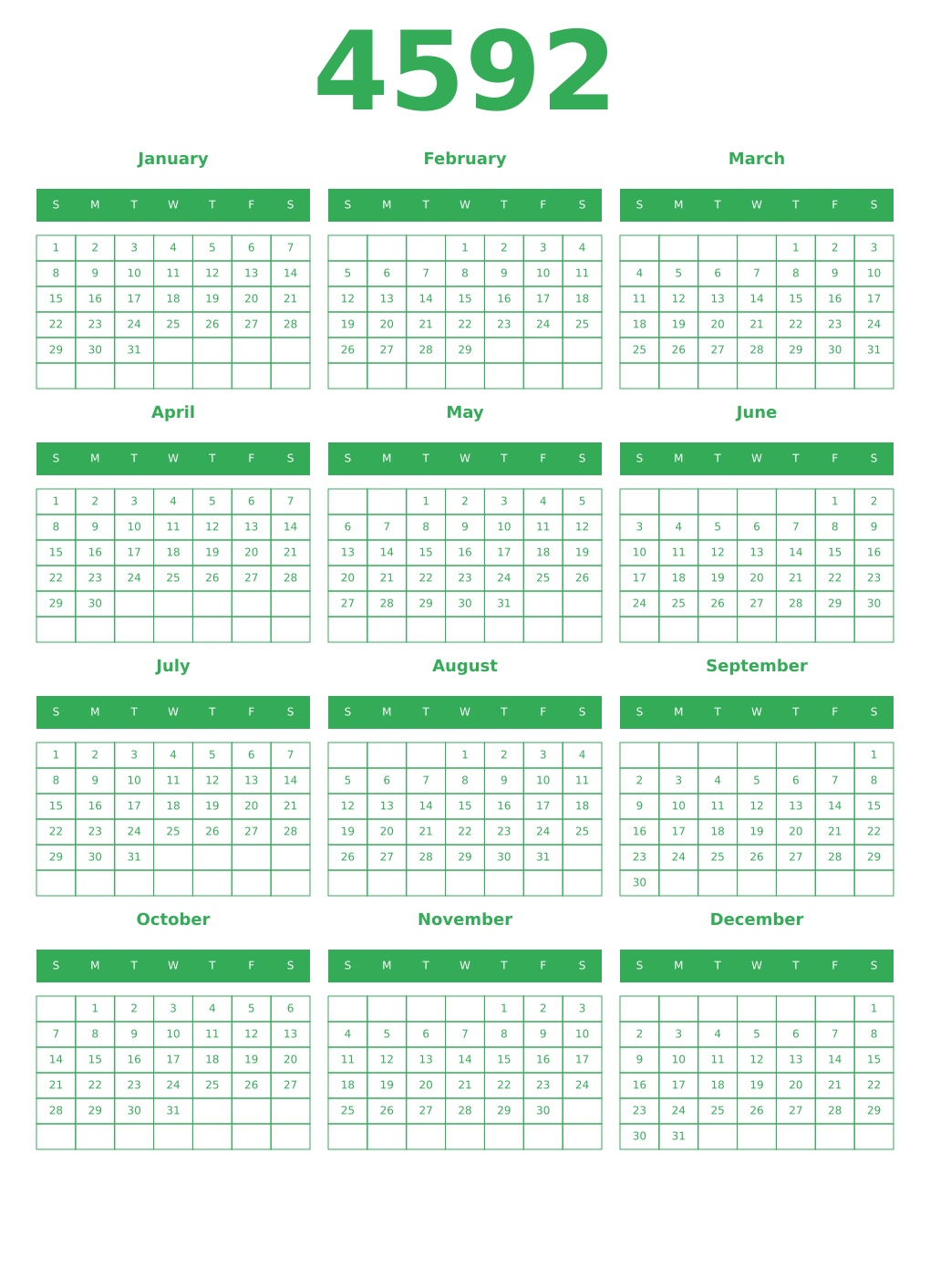 Printable 4592 Year Calendars green