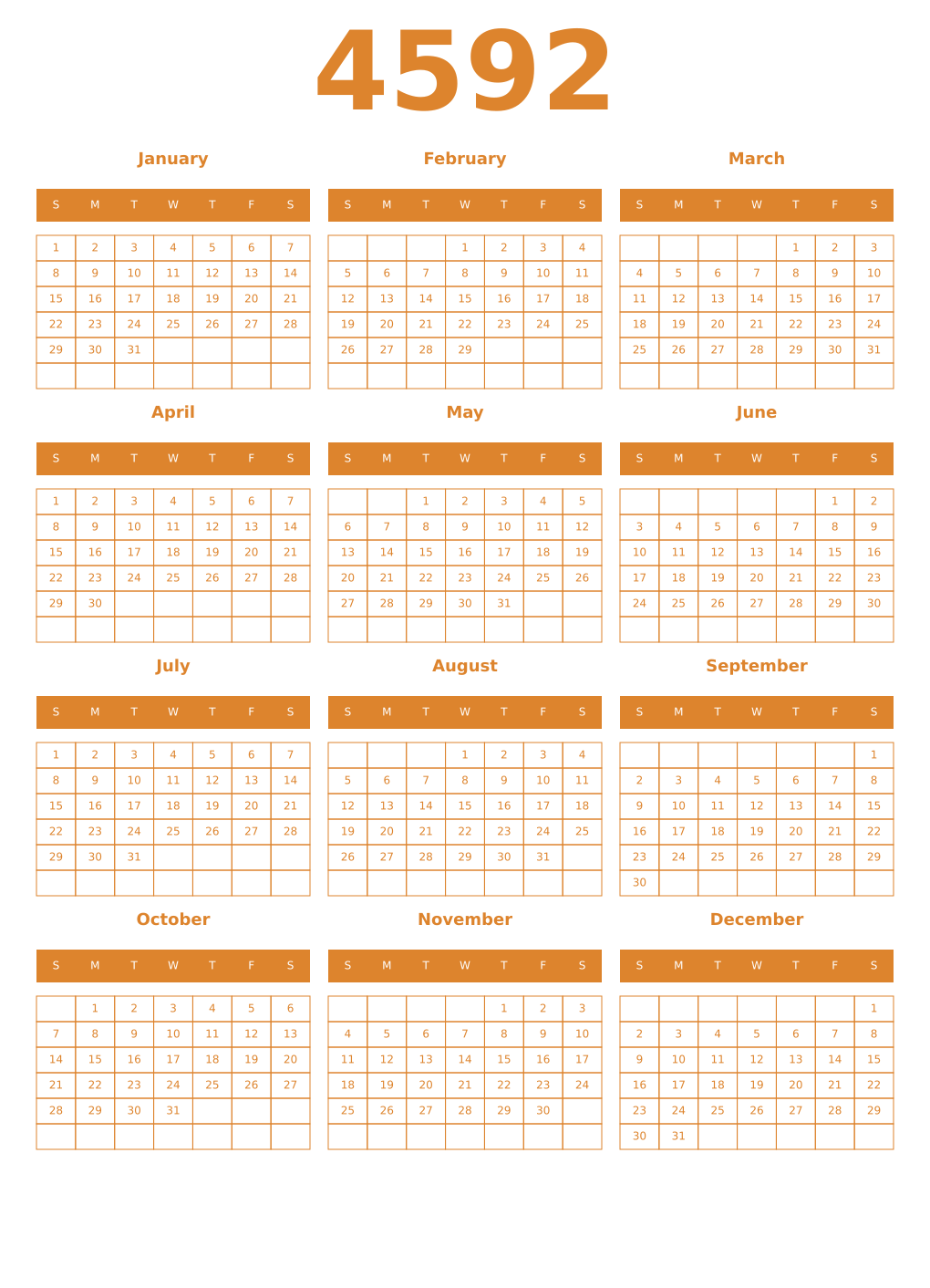 Printable 4592 Year Calendars orange