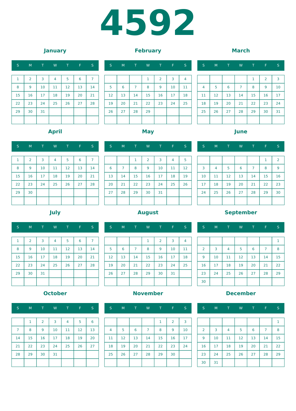 Printable 4592 Year Calendars pastel