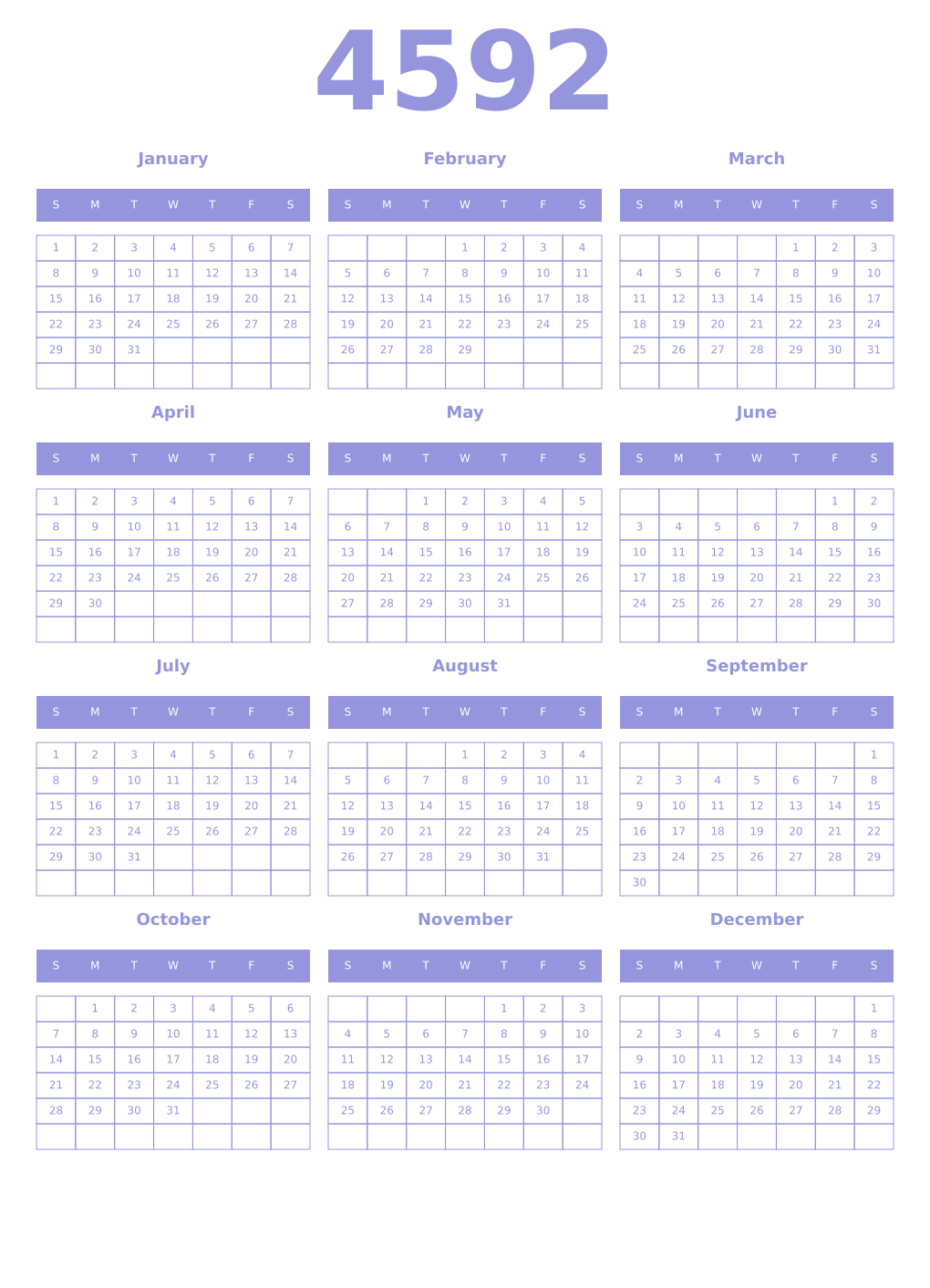Printable 4592 Year Calendars periwinkle