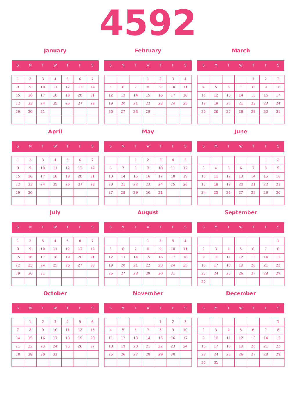Printable 4592 Year Calendars pink